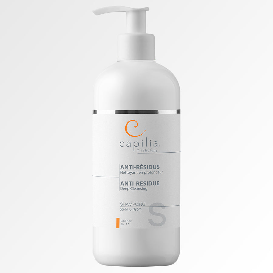 Capilia Trichology Anti-Residue Shampoo Large Format | Shampoing Anti-résidus 1L Grand format. Deep cleansing formula for all types of hair.