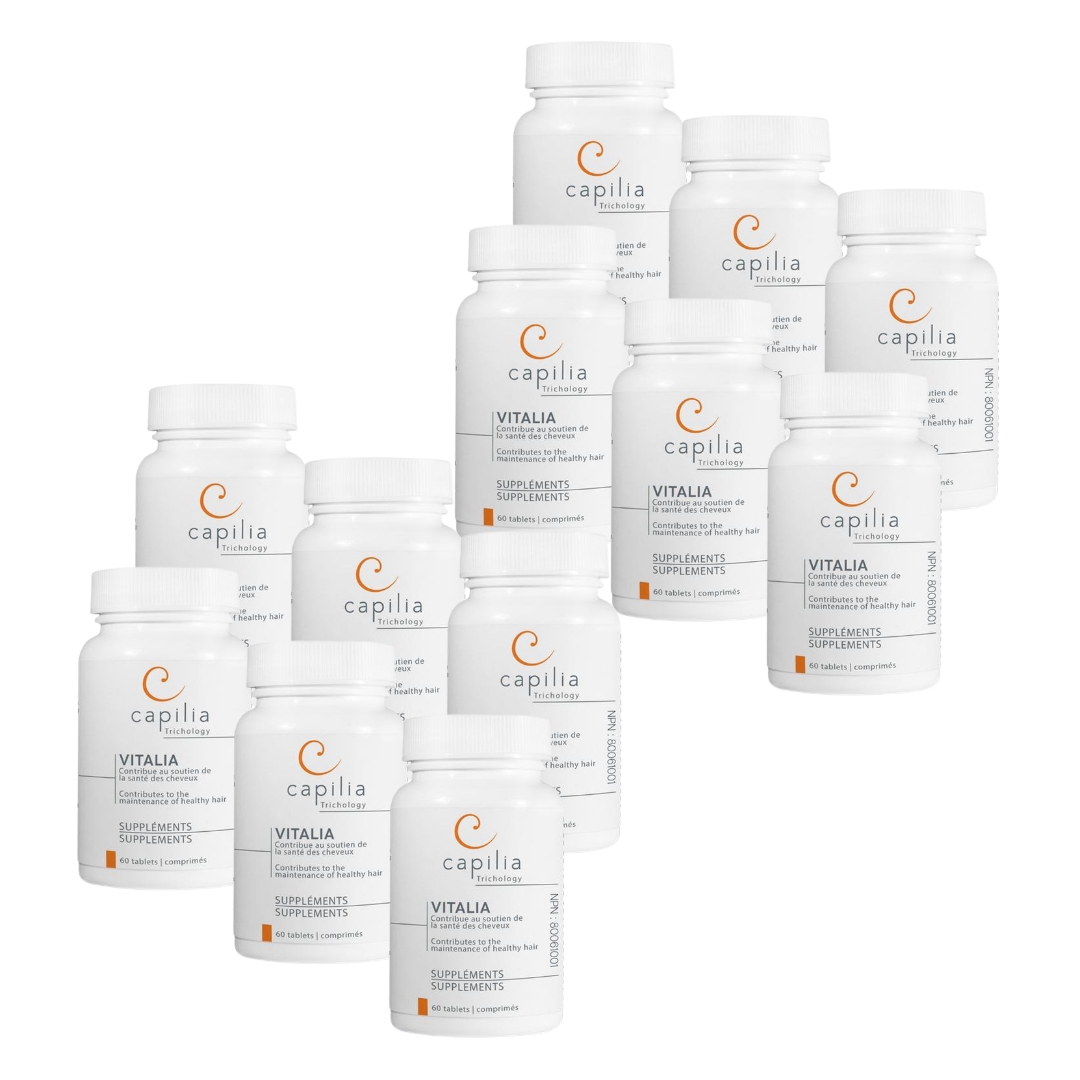 Bundle of 12 bottles of Vitalia hair supplements by Capilia Trichology