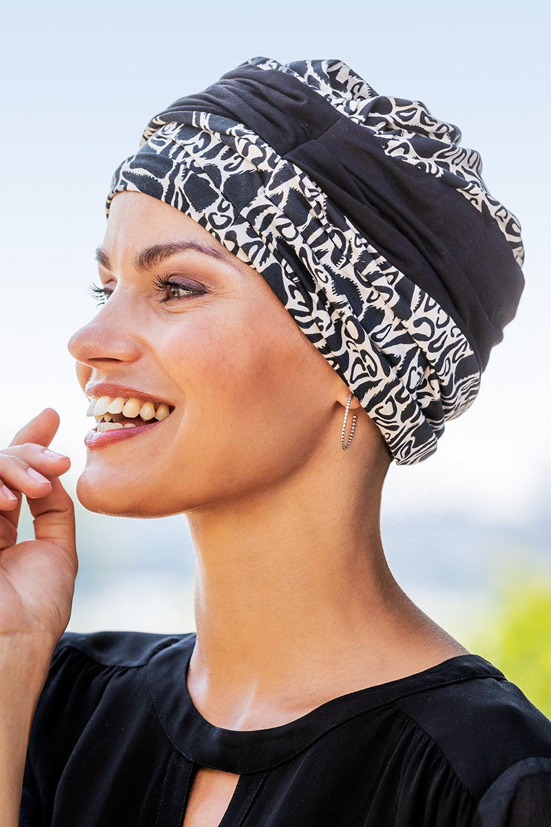Bamboo Headwear for scalp protection during chemotherapy treatment Style 952 with black and white prints