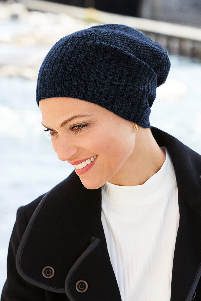 Knitted Beanie Headwear for scalp protection during chemotherapy treatment Style 945 navy blue